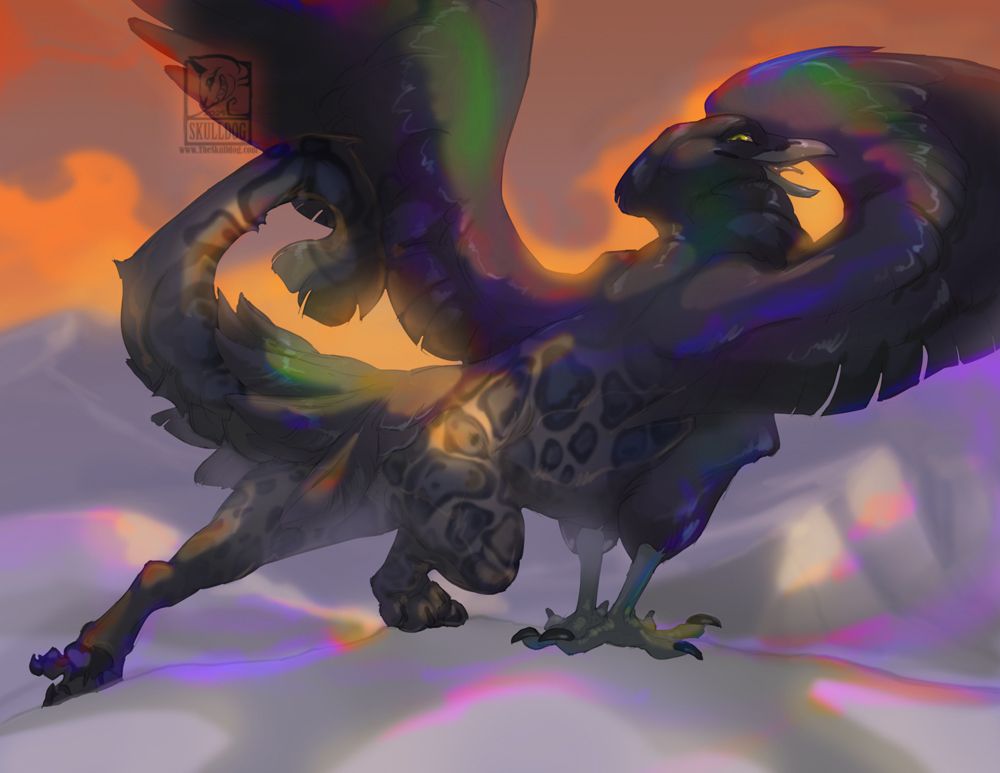 A dark colored gryphon with raven front and leopard back half stands with wings forward and glancing over the shoulder the viewer. The environment is  grey and splashed with glowing accents.