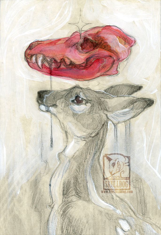 A young doe faces off screen with a grin, as a red colored wolf skull hovers her her head.