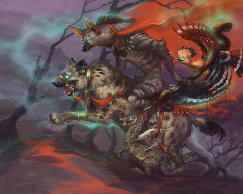 An anthro aardwolf rides on the back of a decorated spotted hyena, accompanied by a hoopoe and monitor lizard in a foggy evening landscape with leafless tress.
