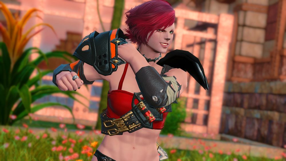 robin, a femroe with red/burgundy hair doing the limber emote