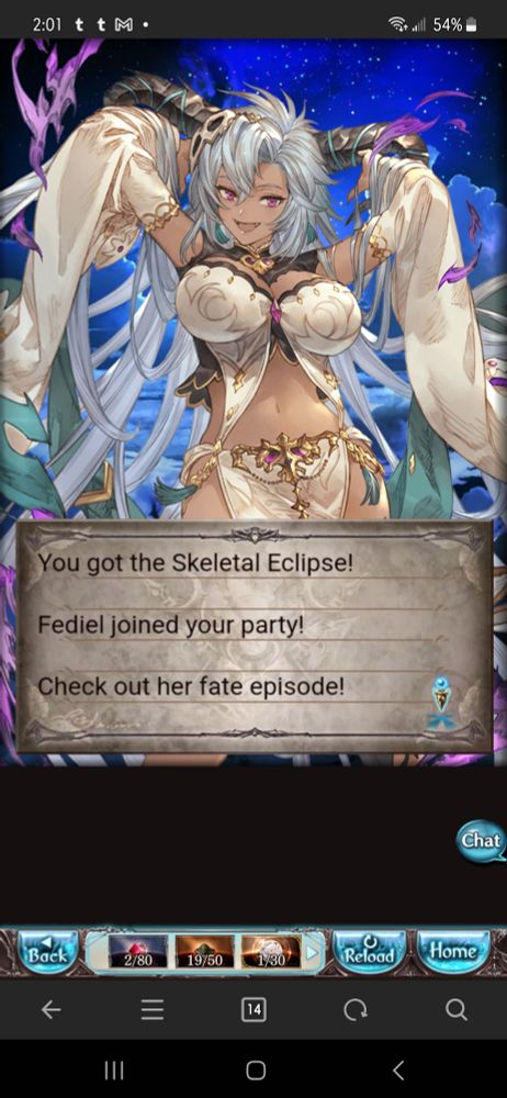 Screenshot of Moba Granblue Fantasy of the giant dragon Fedial. She has red eyes, long black horns and long off-blue grey hair.