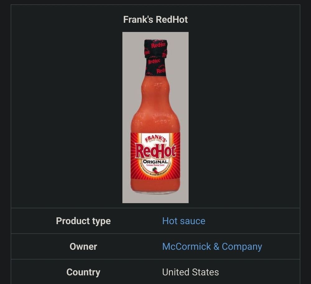An image of Frank's Red Hot sauces' wiki page, listing the American bran McCormick & Company as the owner.