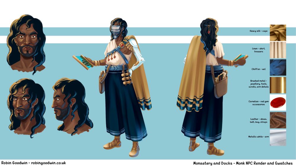 Example of work - character design sheet of a middle-aged monk with a blue/white/gold colour scheme. Includes closeups of the face from front, side and three quarters, front and back full body, and swatches of material references for the outfit and accessories.