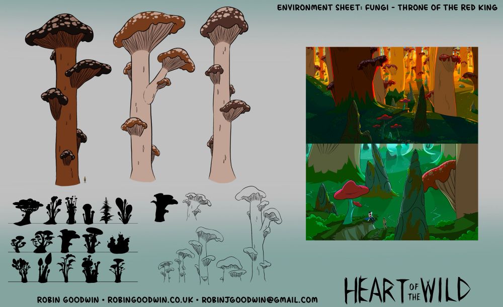 Example of work - environment design sheet for giant fungi inspired by king oyster mushrooms and redwood trees. Shows examples of the final design in different colour variations, silhouette and sketch exploration, and two illustrations depicting them in a forest environment. For a personal webcomic project.