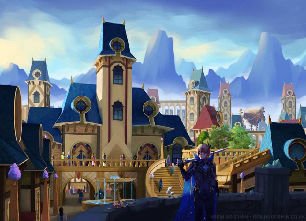 Example of work - illustration for a Genshin Impact fanart design project imagining what the unreleased Khaenri’ah civilisation might have looked like in its prime, with character Dainsleif in the foreground.