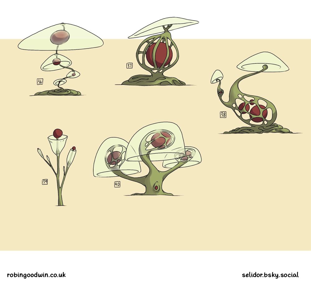 Five tree design sketches featuring red orbs incased in webbed green trunks and translucent domed casings.