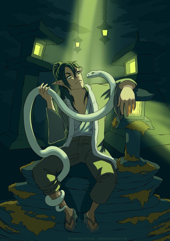 Example of work - illustration showing a nighttime scene with a man sitting on a mossy rock holding a large white snake. One arm is propped up on a lit stone lantern, and more stone lanterns sit behind him.
