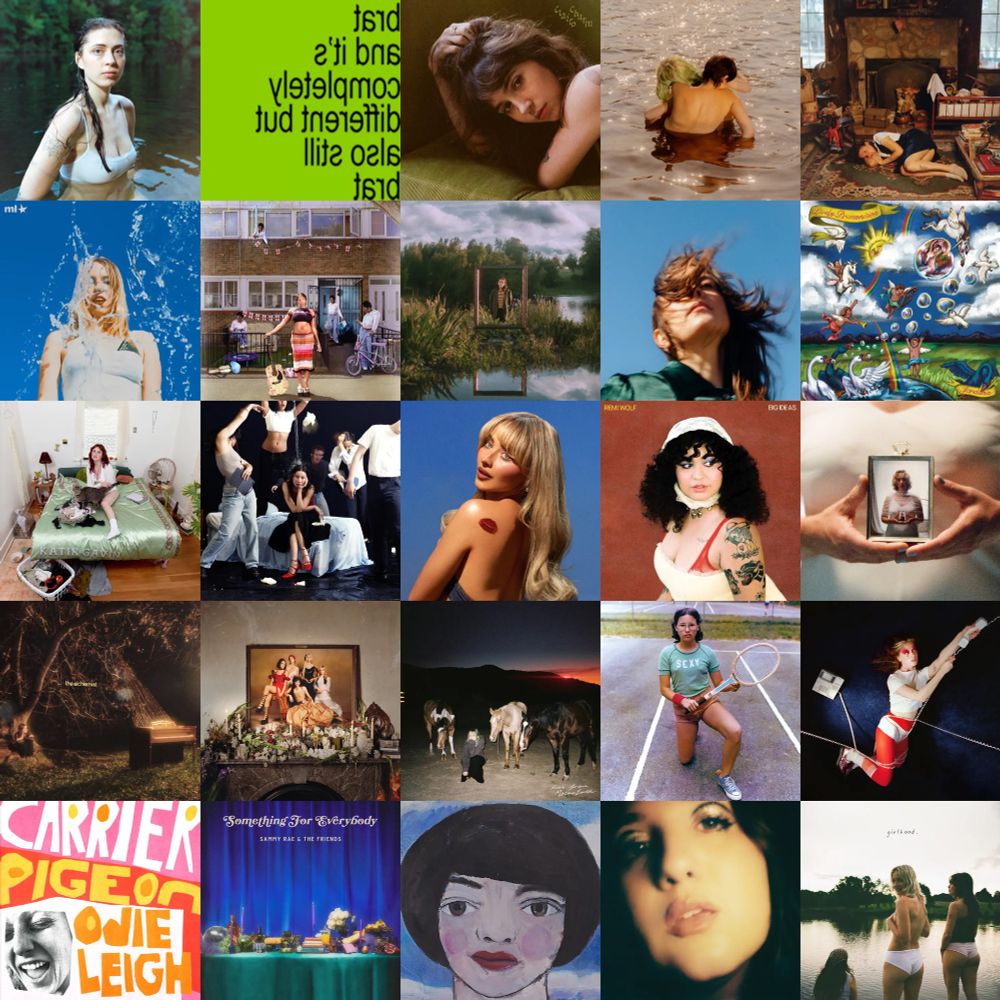a 5x5 grid of the following album covers:
1. Lizzy McAlpine - Older (and Wiser)
2. Charli xcx - Brat and it’s completely different but also still brat
3. Clairo - Charm
4. Katy Kirby - Blue Raspberry
5. Carol Ades - Late Start
6. Maude Latour - Sugar Water
7. Rachel Chinouriri - What A Devastating Turn of Events
8. Abby Holliday - CRACK A SMILE COME ON STAY A WHILE
9. Madi Diaz - Weird Faith
10. Jordana - Lively Premonition
11. Katie Gavin - What a Relief
12. Michelle - Songs About You Specifically
13. Sabrina Carpenter - Short n’ Sweet
14. Remi Wolf - Big Ideas
15. Trella - expiration date
16. Grace Enger - The Alchemist
17. The Last Dinner Party - Prelude to Ecstasy
18. Annika Bennett - Live From Mother Earth
19. Melt - If There’s a Heaven
20. Orla Gartland - Everybody Needs a Hero
21. Odie Leigh - Carrier Pigeon
22. Sammy Rae & The Friends - Something for Everybody
23. Bonny Light Horseman - Keep Me on Your Mind/See You Free
24. Caity Krone - Nose Job
25. Jo Hill - girlhood.