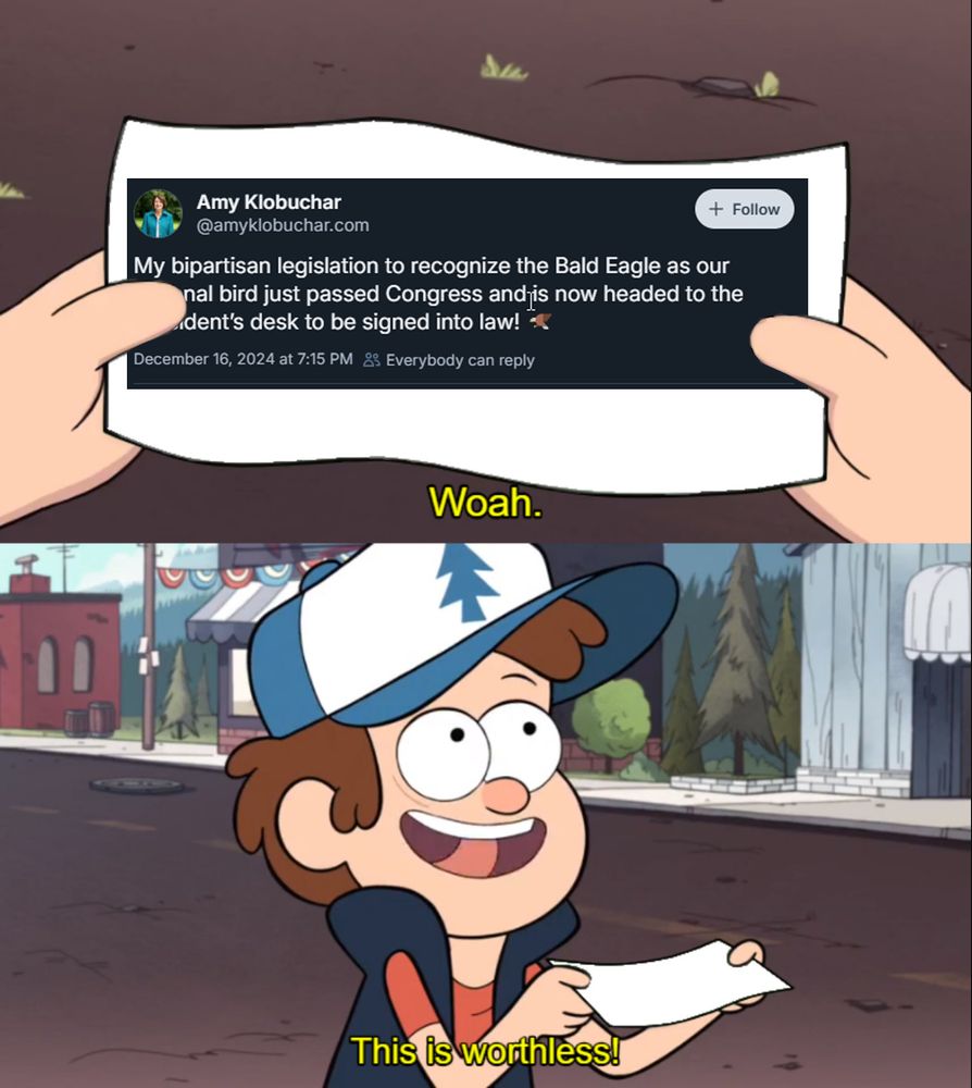Amy Klobuchar's tweet on a piece of paper with a cartoon character saying "Woah.  This is worthless."