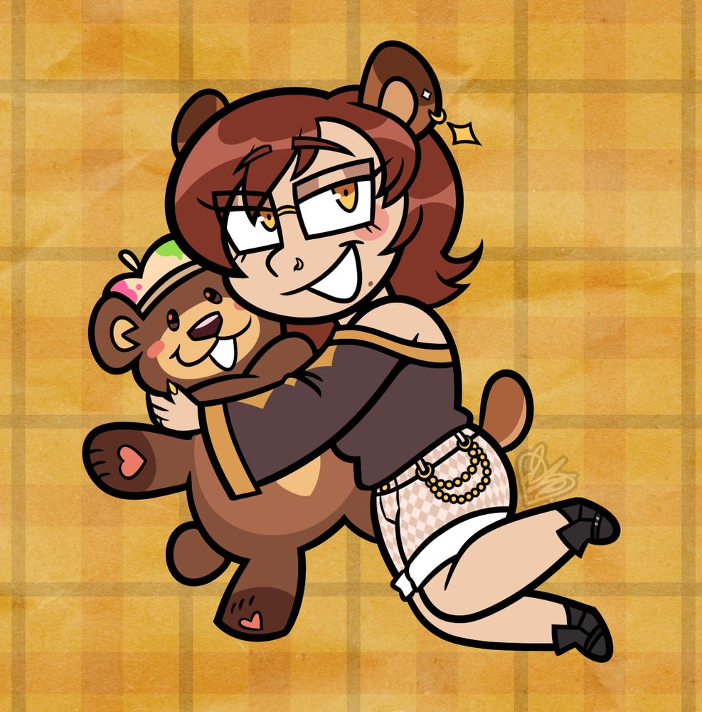 beary, a human with bear ears and a tail, hugging crafty, a little brown bear with a beret