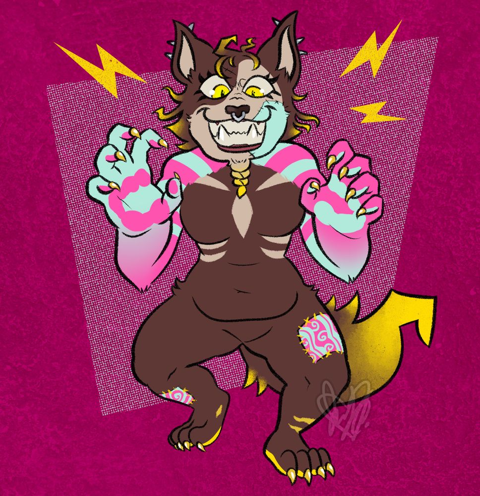 spreckles, a monstrous brown wolf with pink and seafoam accents, snarling at the viewer with her claws reaching for the camera