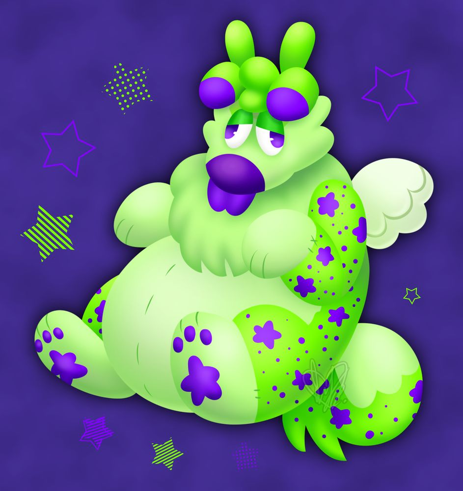 uranium beans, a neon green plush dog with purple star markings, sits contently in a dark purple space