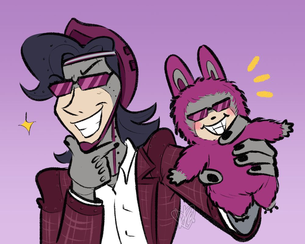 art of graham ness payser (the pacesetter) from toontown corporate clash, proudly holding out a labubu that looks like him
