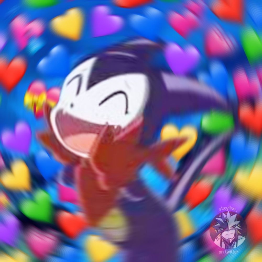 Impmon from Digimon Tamers smiling and surrounded by blurry heart emojis