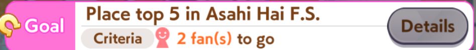 The goal in Umamusume: Pretty Derby showing that only 2 fans are needed to qualify for the next race.