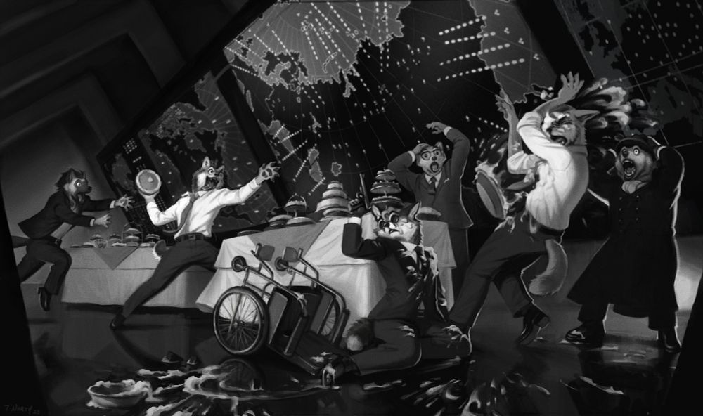 Digital painting of anthropomorphic animals depicting the cut "food fight" ending of the 1964 film Dr. Strangelove, featuring a dog throwing pies at others in the US War Room.