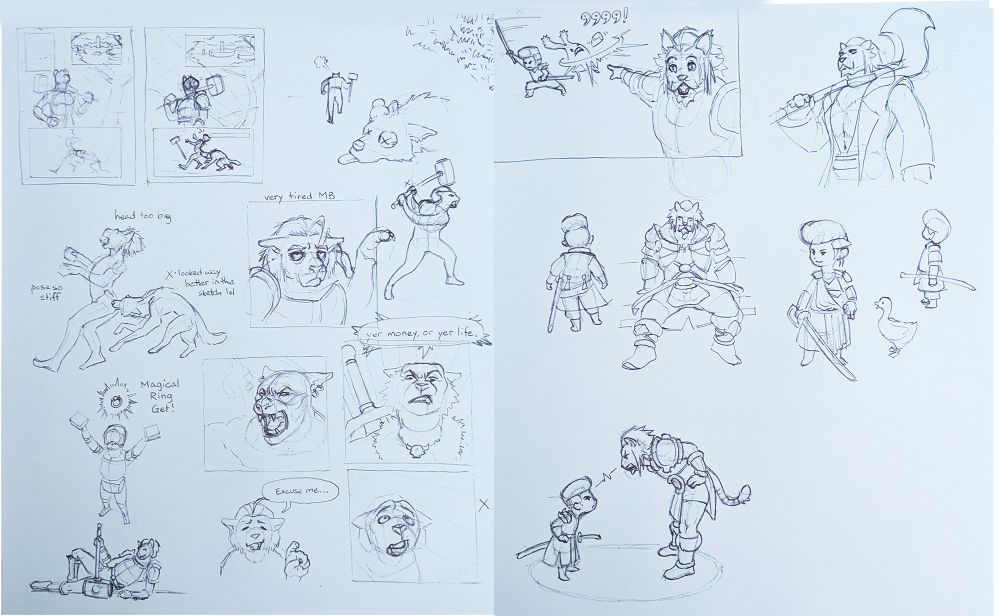 A pair of doodle pages of video game characters drawn in pen.