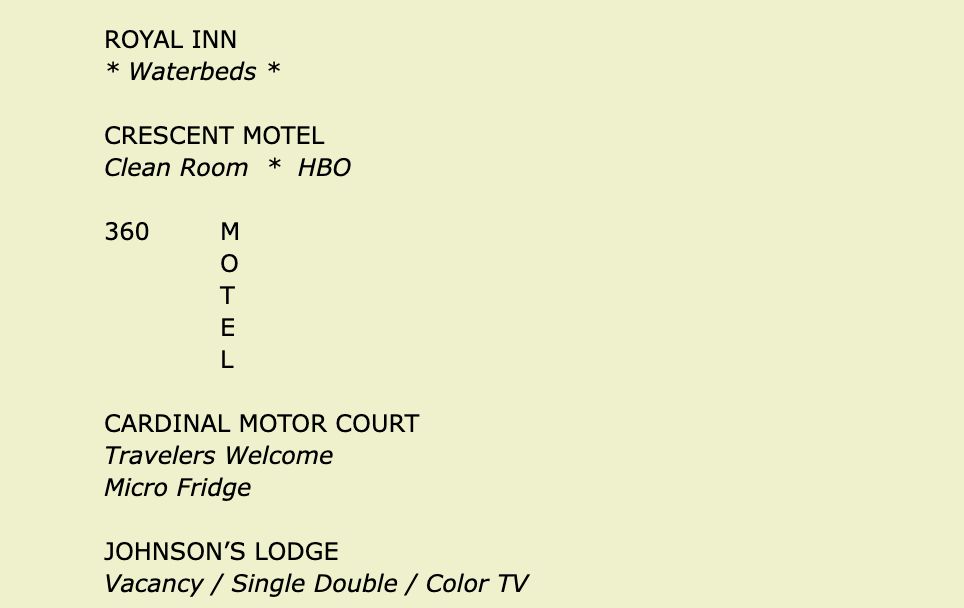 Experimental section of the essay with names of motels the way they appear on their respective signs