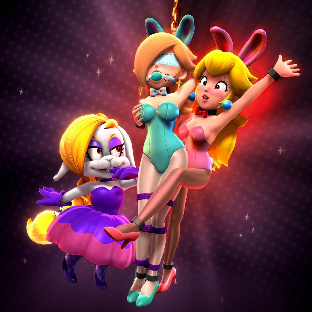 Rosalina (Mario series) in bondage and wearing a bunnysuit with Hariet (Super Mario Odyssey) and Princess Peach either side of her. Princess Peach has red eyes and bunny teeth to match Hariet.