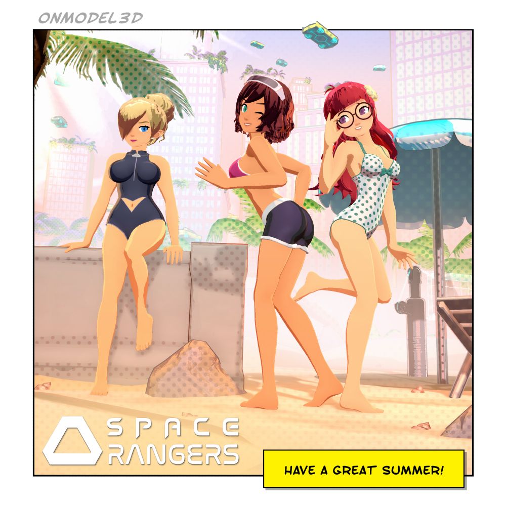My original characters in their swimwear, from left to right:

Director Luna in a greyish dark blue one piece with a V-shaped cutout around her belly button.

Holly Nova with a two piece featuring a hot pink bikini top and shorts with white trim.

Samantha Terra in a white one piece with green polka dots. She has a flower in her hair.