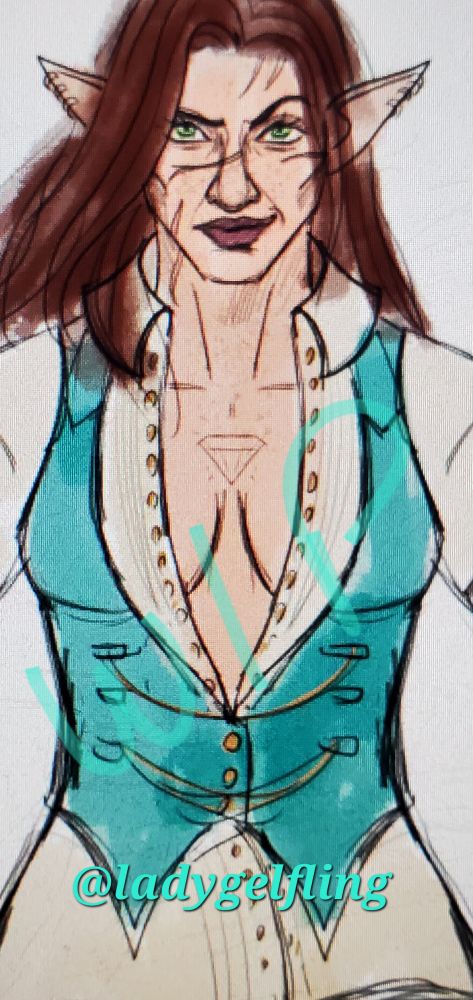 Sketch of Tessora wearing Emmrich's clothes. 