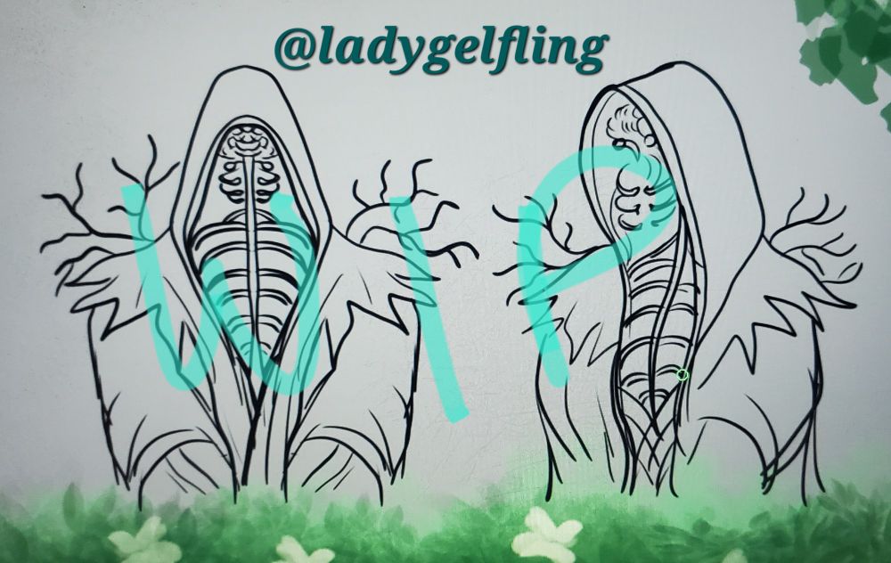 Line art from my comic. This is Keepsake and Curio from Dragon Age The Veilguard. Spirits from the Grand Necropolis.