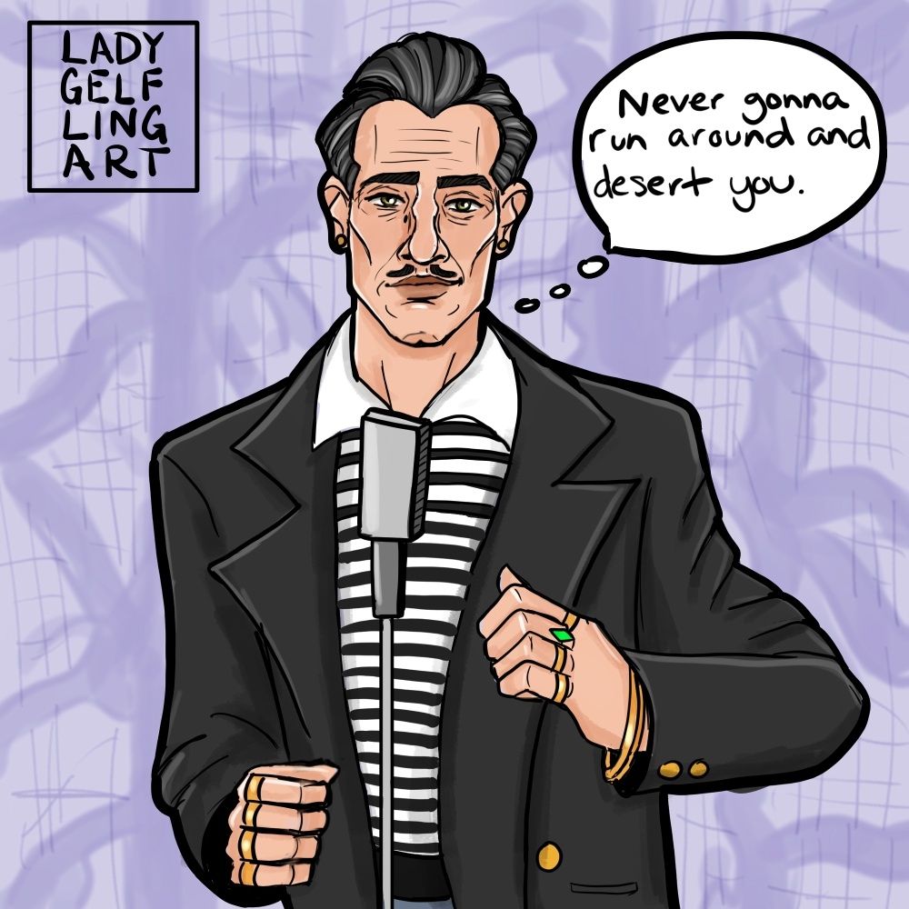 Emmrich Volkarin from Dragon Age the Veilguard drawn as Rick Astley from the music video for "Never Gonna Give You Up"