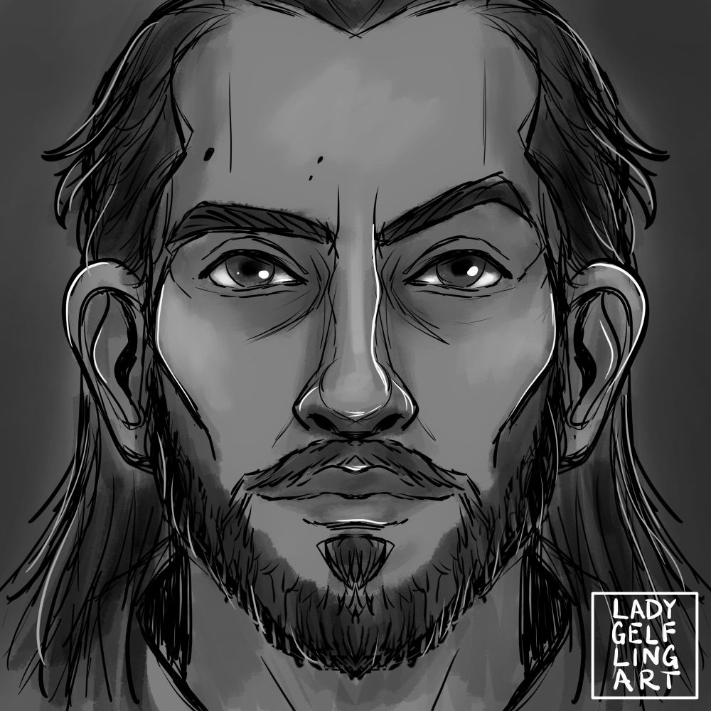 Grayscale, ink sketch of Lucanis from Dragon Age The Veilguard 