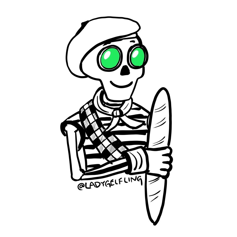 Digital ink doodle of Manfred wearing a beret, a striped shirt and holding a baguette. Inspired by Clair Obscur Expedition 33.