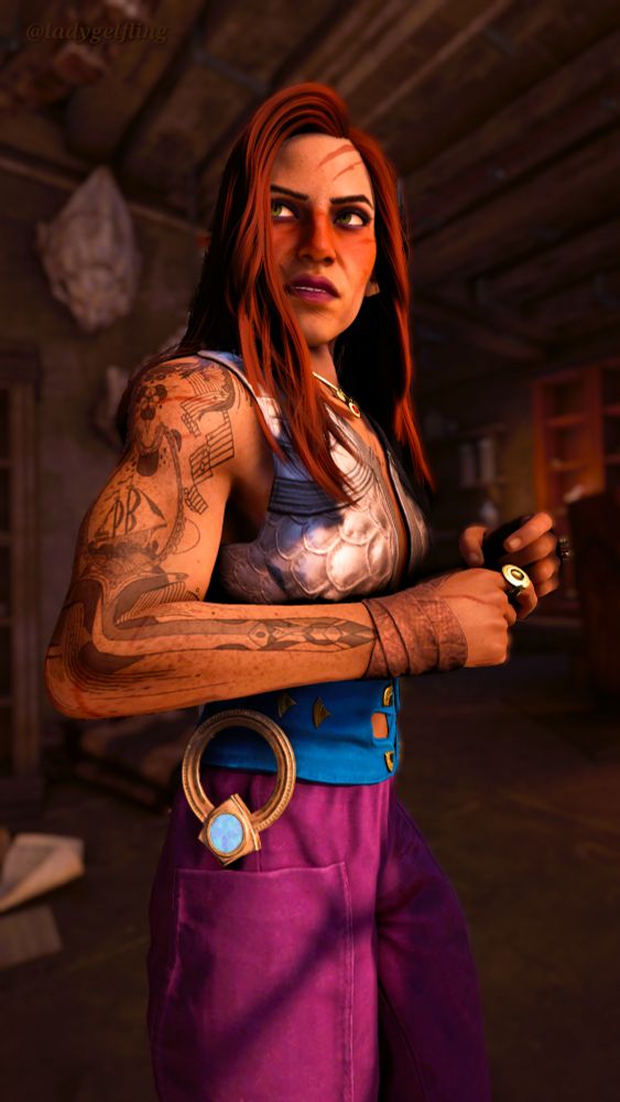 Tessora looking like she just overheard someone talking trash about Emmrich and is ready to throw down.