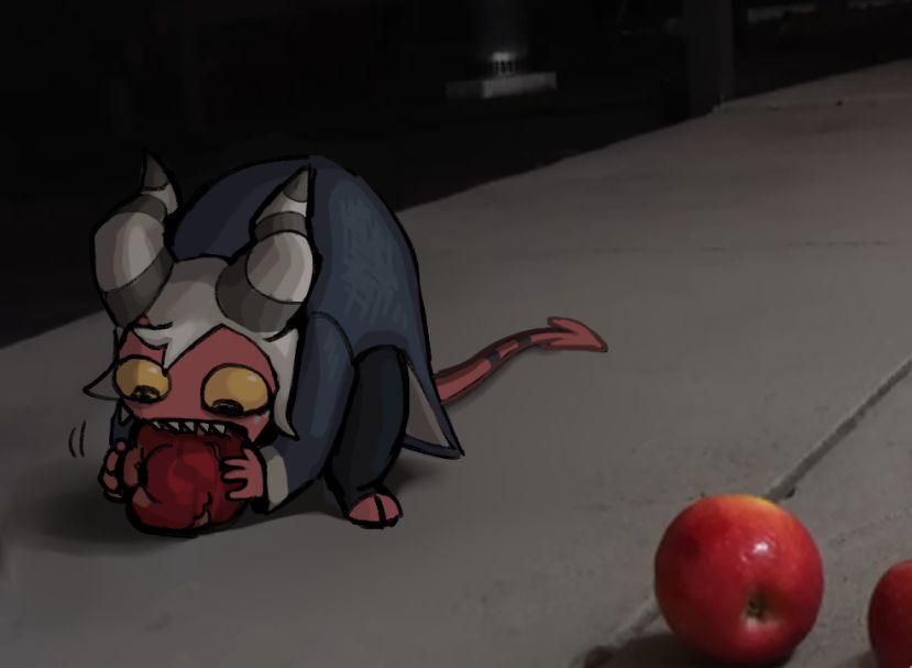 a drawn-over screenshot of Moxxie hunched over and biting into an apple, his silhouette resembling an opossum