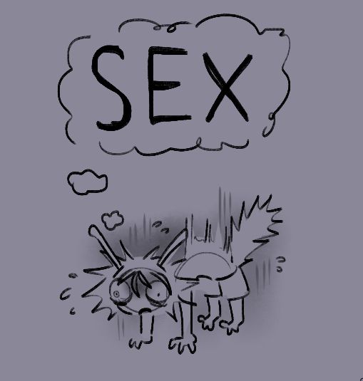 doodle of the artists sona on all fours, their hair and tail in cartoon fear spikes like a cat and surrounded by dread clouds. above them is a big thought bubble reading "SEX" in big print