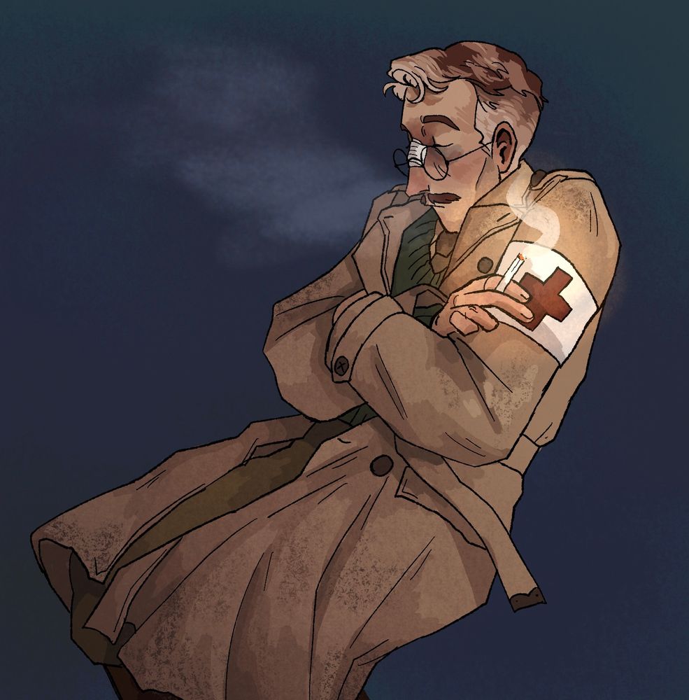 Digital drawing of a character, John Grimstead. He is dressed in a World War One trench coat with a Red Cross arm band. He sits down with his arms crossed over his chest, shoulders scrunched up against the cold. In one hand he holds a lit cigarette. He has dark auburn hair streaked with white, he wears glasses, and his nose is bruised with a bandage over it. His breath fizzles out of his nose around him and into the cold air. 