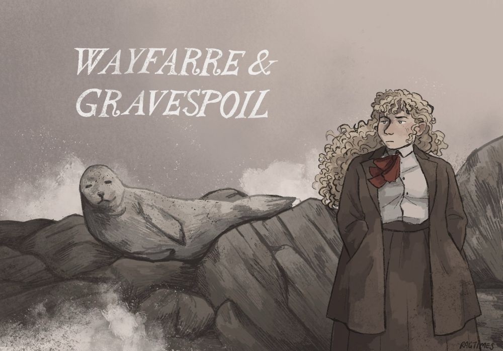 Digital illustration. The scene is typical dreary day on an Irish shore, a salty spray crashing against dark rocks. On the left, a harbor seal rests itself against these rocks. On the right, a woman, Evelyn, looks off to the left, frustrated, but not quite sorrowful. Her curly golden hair is beaten by the brine, swept by the wind behind her back. She is dressed in a brown walking jacket and skirt with a red necktie, also windswept. 
