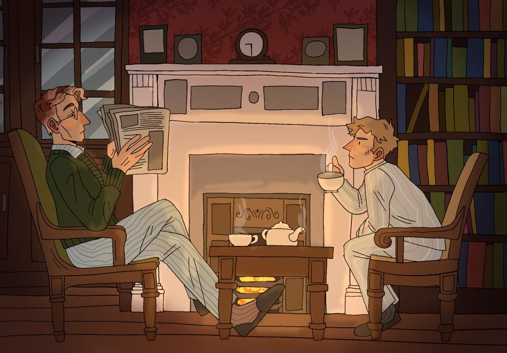 A digital drawing of a scene in front of a fireplace. The fire glows warm, reflecting off of the mantle surrounded by bookcases. On the mantle sits a clock and various cabinet cards. In the foreground, two characters sit in armchairs, drinking tea from steaming cups. The character on the left, John, is a lanky middle aged man with graying red hair. He wears blue striped pajamas and a green cardigan while he reads the newspaper. With one leg crossed, he seems nonchalant. The other character, Max, sits across from him. She is young and androgynous, with short dirty blond hair. Sitting up in her chair, Max gives John a skeptical look while she sips her tea. 