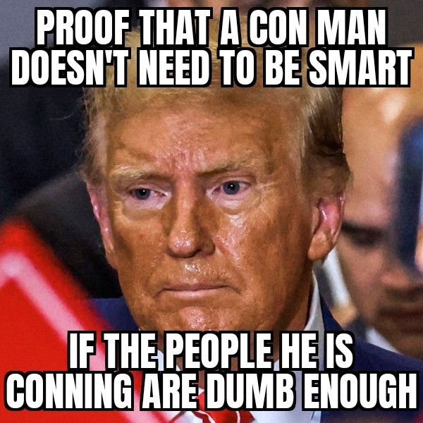 Meme of a very made up, tired-looking Donny Dollhands. Caption reads, “Proof that a con man doesn’t need to be smart if the people he is conning are dumb enough.”