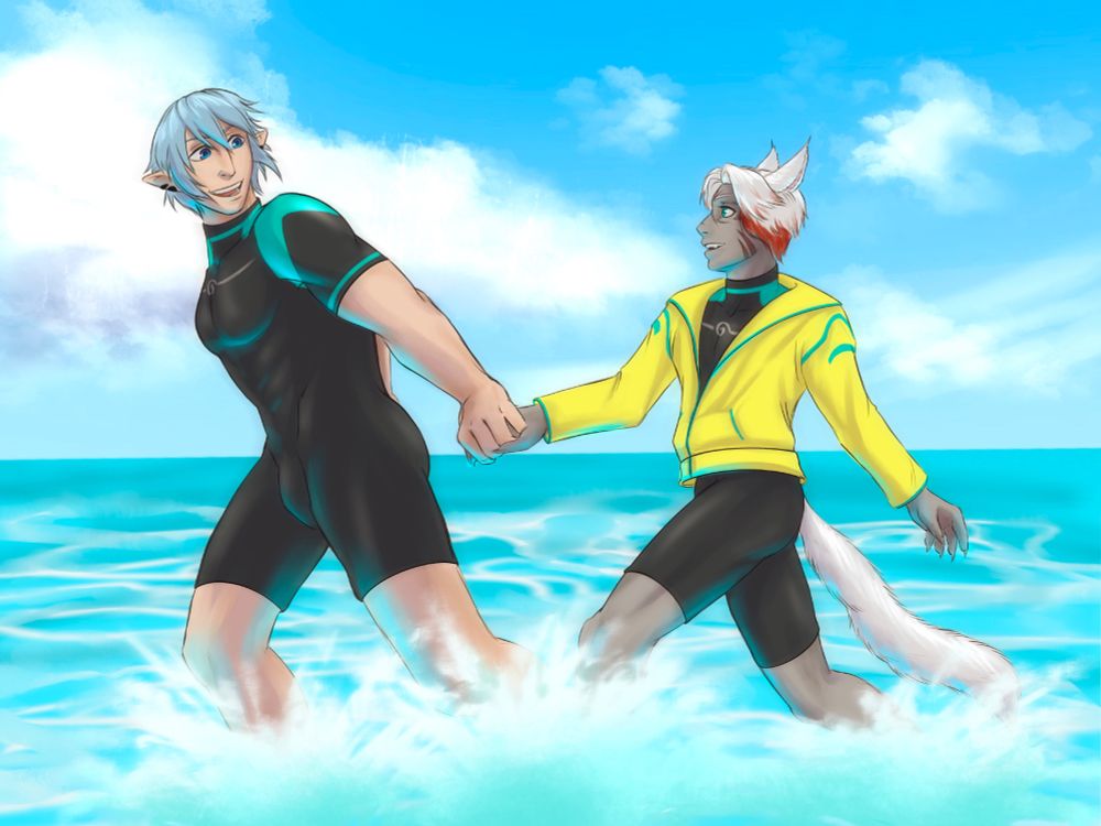 A digital illustration of Haurchefant from ffxiv and oc Touy’a frolicking in the water while wearing the Moonfire Faire 2025 wetsuits 