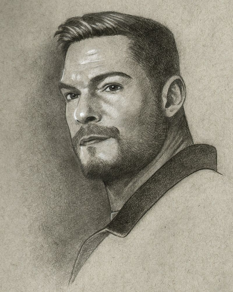 Drawing of Alan Ritchson as Jack Reacher. Drawn with graphite pencil and white charcoal on toned paper.