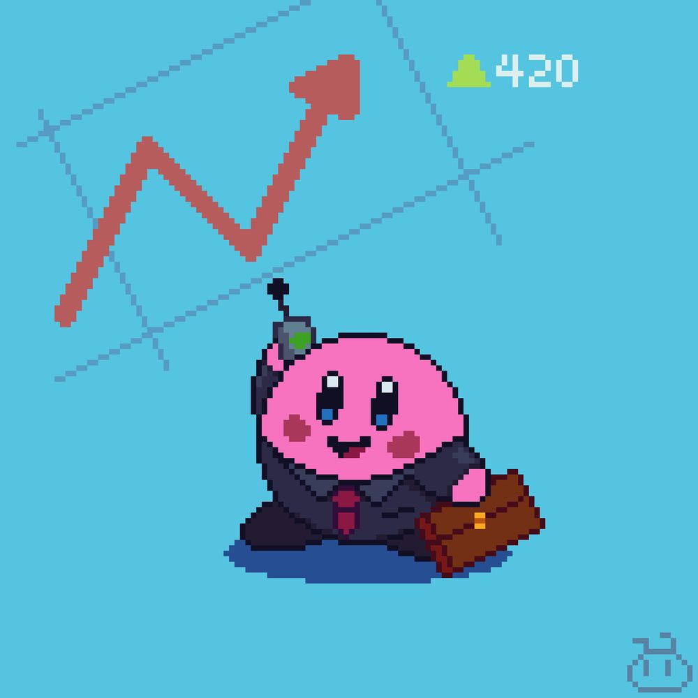 Kirby is standing in the foreground, wearing a gray suit. He is holding a cellphone up to his right ear and holding a briefcase in his left hand. The background has a generic stock ticker arrow going up, and the point increase is 420