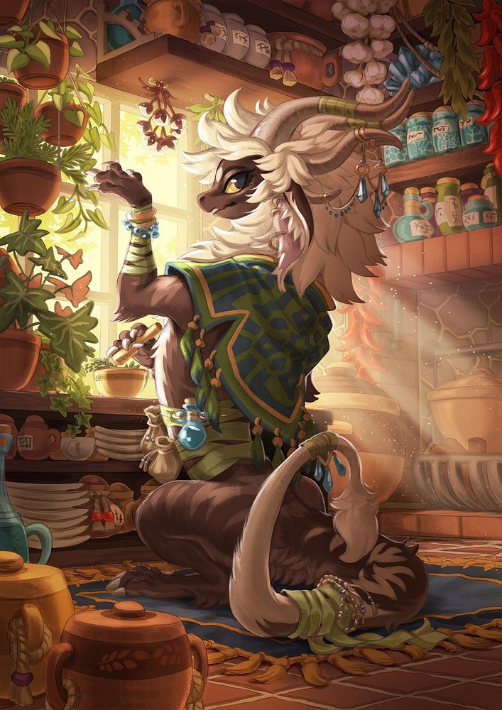 A fluffy dragon wearing a shawl with a mortar and pestle in a cozy kitchen, stocked with with shelves of jars and clay pots of herbs/spices. It's a sunny mid morning, illuminating live potted plants and cooking ingredients.  Your viewpoint/perspective is from the level of a small pet (I imagine it to be a cat). 
