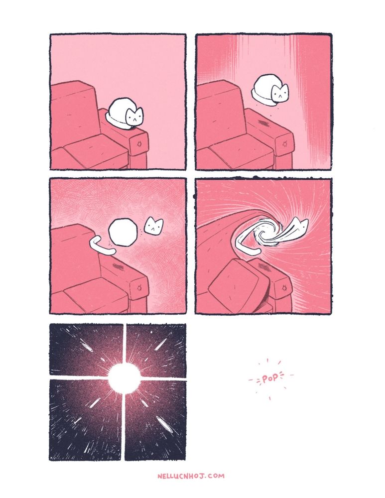 6 panel comic

P1: a white cat lays on the left arm rest of a pink couch.

P2: They suddenly rise into the air, in the same position. Their spectacularly idiotic face does not change.

P3: Suddenly, the cat's head and tail pop off their body, revealing the latter to be nothing but a sqaurish-sphere.

P4: Turns out the sphere is actually a portal to Other where. Everything in the panel --at and couch-- get Uzumaki'd to Who Knows Where

P5: the scene is rendered black due to a blinding flash of light from the portal--

P6: --only for a blank void to be left in its wake