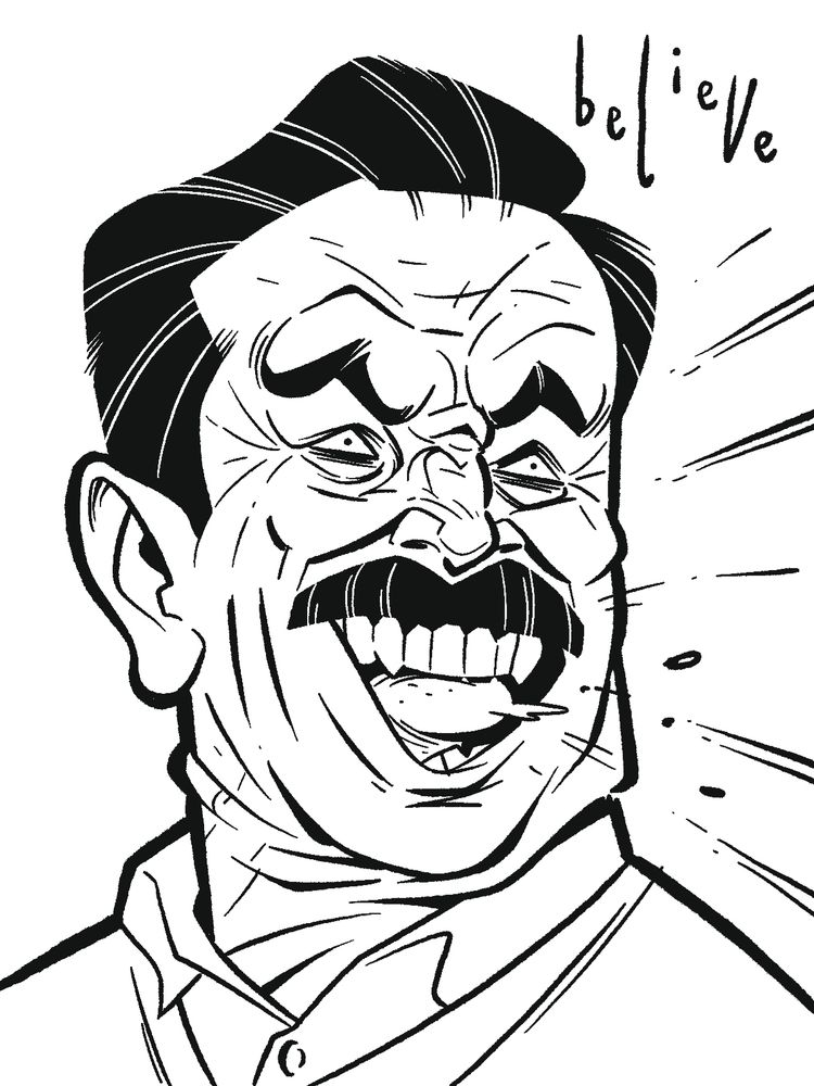 Ted Lasso, a closeup of his face. He has a horrible rictus grin, and mad eyes, pupils mere dots. His flesh visibly contorts as he moves his head to his left.

Above him, a single word

believe