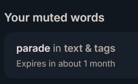 My latest addition to my muted words (at least for the next 30 days):

"parade"