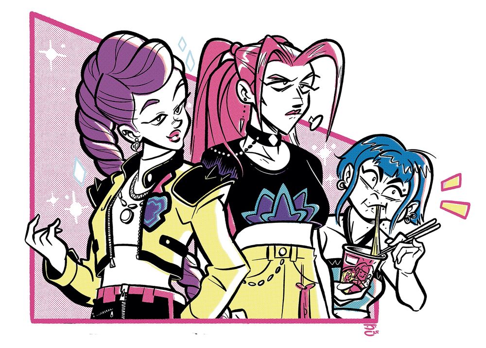 A colour version of the KPop Demon Hunters piece in the quoted post. I've gone for a simple flat colour scheme, attempting to replicate the look of badly printed comic art.