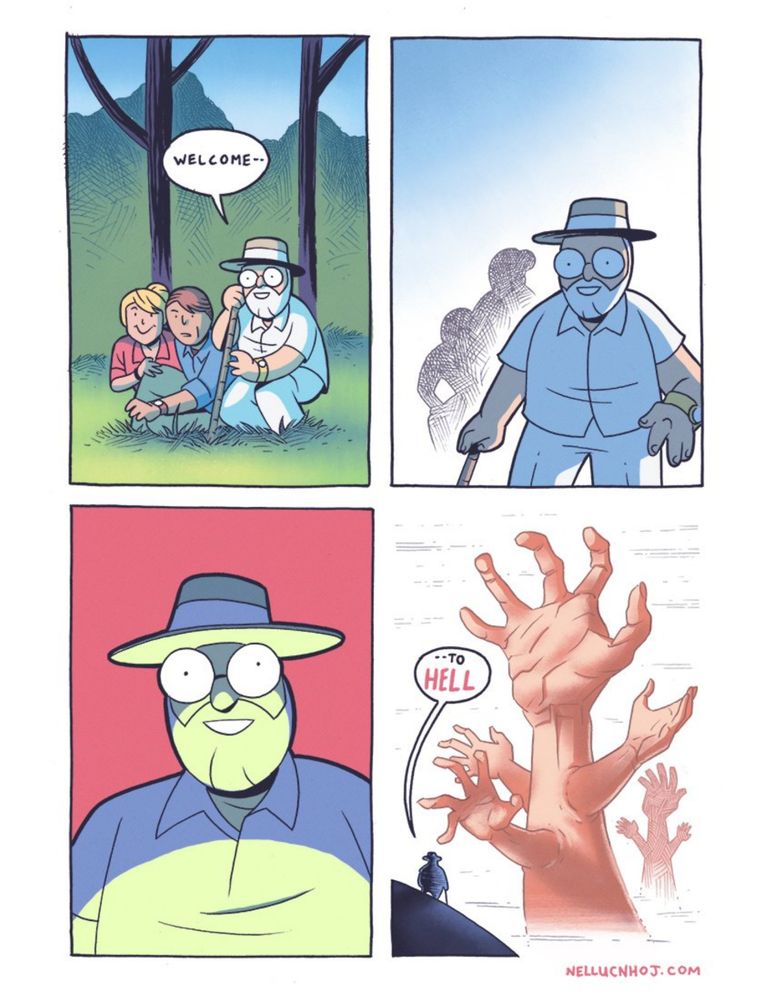 A comic parodying the famous "welcome to Jurassic Park" scene, only the dinosaurs are replaced by horrible hand tree things.

 
Also, the line is changed to "welcome to hell."