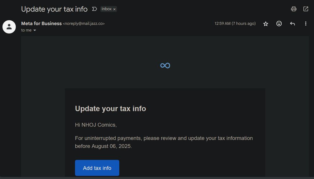 Another scam email purporting to be from Facebook, telling me to "update your tax info"