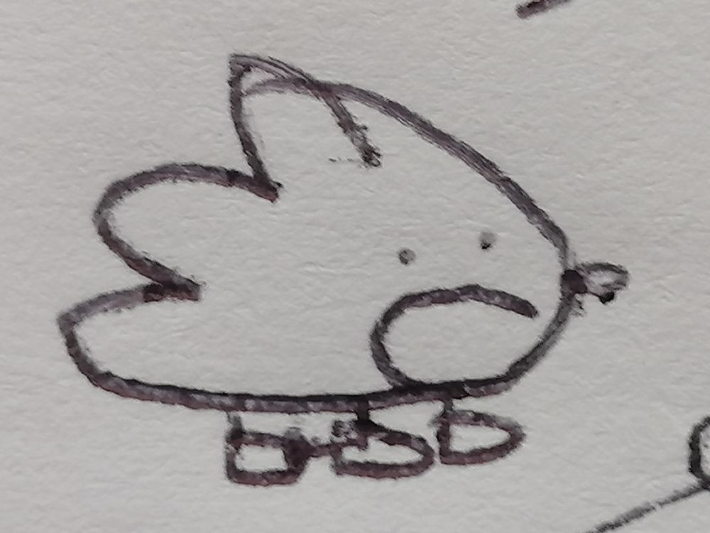 A teeny tiny doodle of a hedgehog with three (four?) quills, and sneakers on each paw.