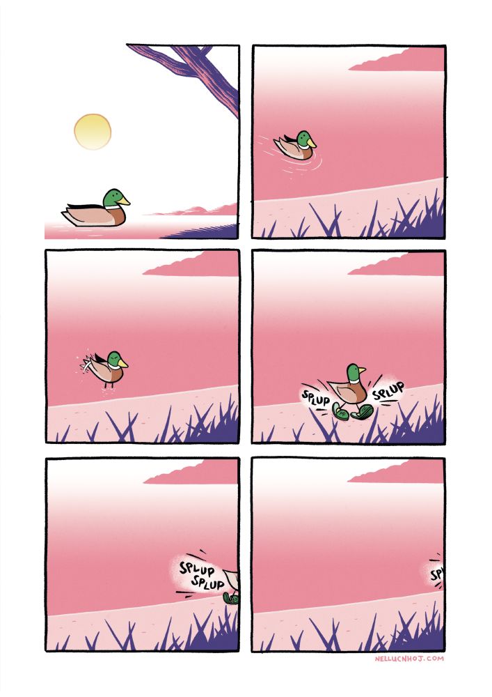 6 panel comic

P1: A duck floats on a glass-still lake, early morning mist slightly obscuring a lazy sun. A shoreline peeks into view from the right.

P2: We are now on the shore, looking out at the lake from behind some grass. The duck makes their way to the shoreline.

P3: Same scene. The duck is now standing in the shallow part of the water, as they shake the excess water from themself.

P4: The duck is now on the shore, with a big pair of slippers on their feet. As they walk, the slippers make an audible "SPLUP SPLUP" sound.

P5: The duck walks off-panel, with just their tail showing. Their slippers continue their loud "SPLUP SPLUP"

P6: The duck is fully outof frame now, except we can still "hear" the remnants of a "SPL--"