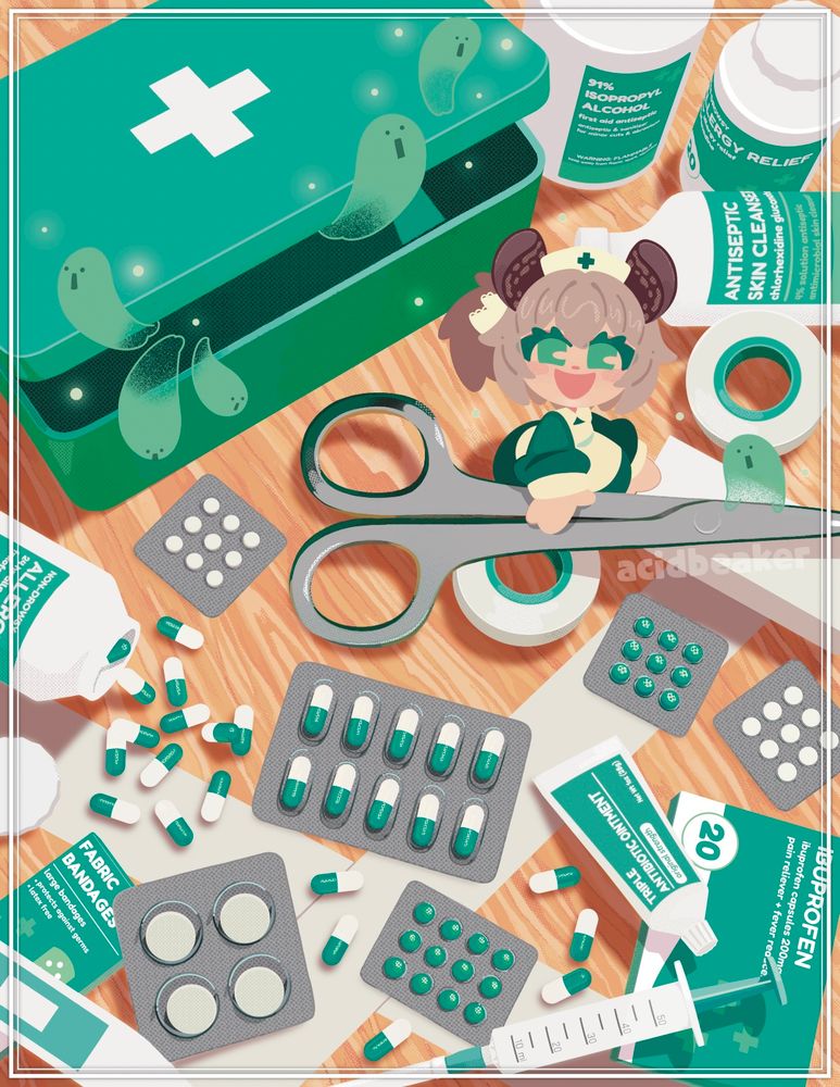 nimi nightmare surrounded by first aid kit supplies