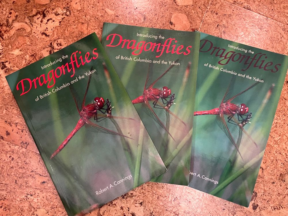 Three nearly identical green books with a red dragonfly on the cover. The background is a cork floor